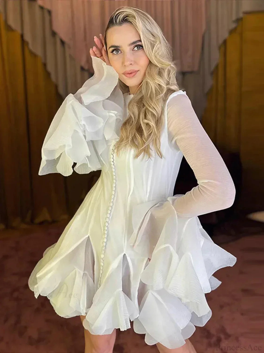 Chiffon Crew Neck Button Front Tiered Ruffle Flare Sleeve Mini Dress
