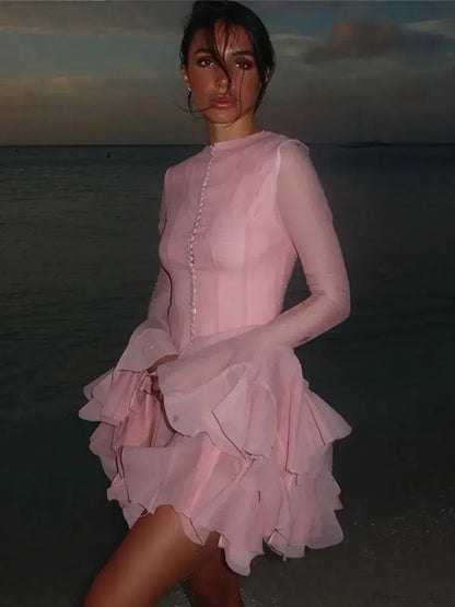 Chiffon Crew Neck Button Front Tiered Ruffle Flare Sleeve Mini Dress