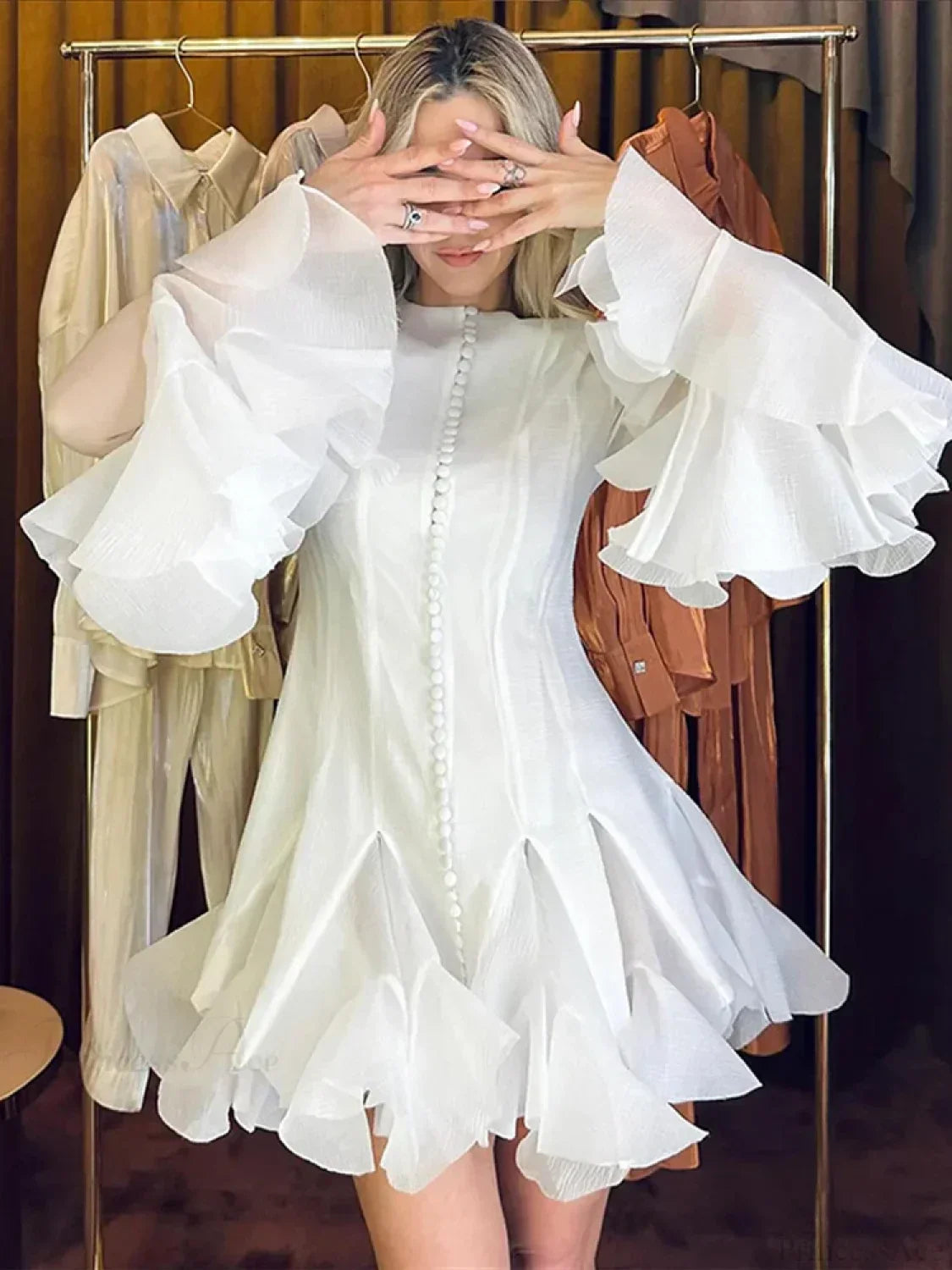 Chiffon Crew Neck Button Front Tiered Ruffle Flare Sleeve Mini Dress