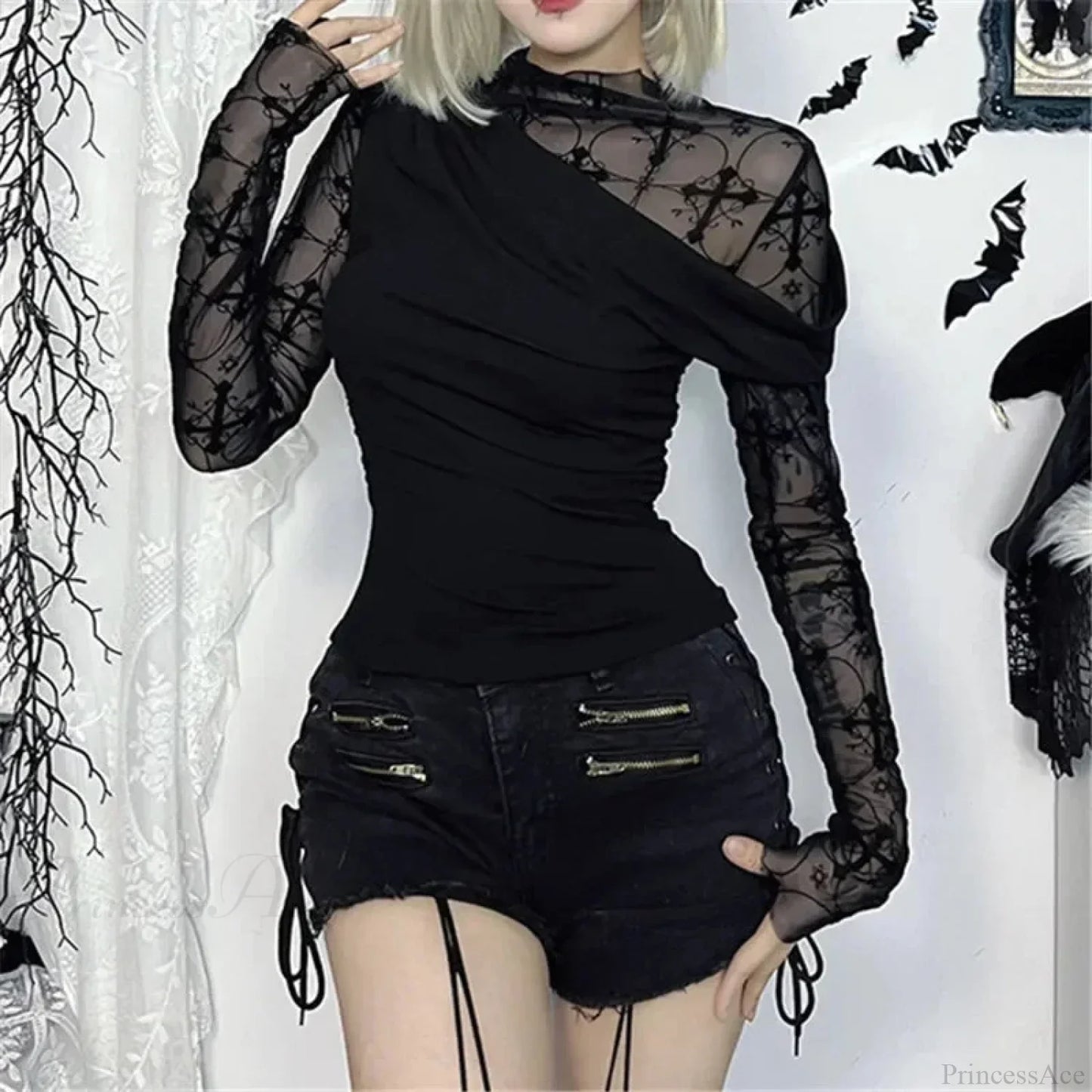 Obscure Gothic Net Patchwork Blouse