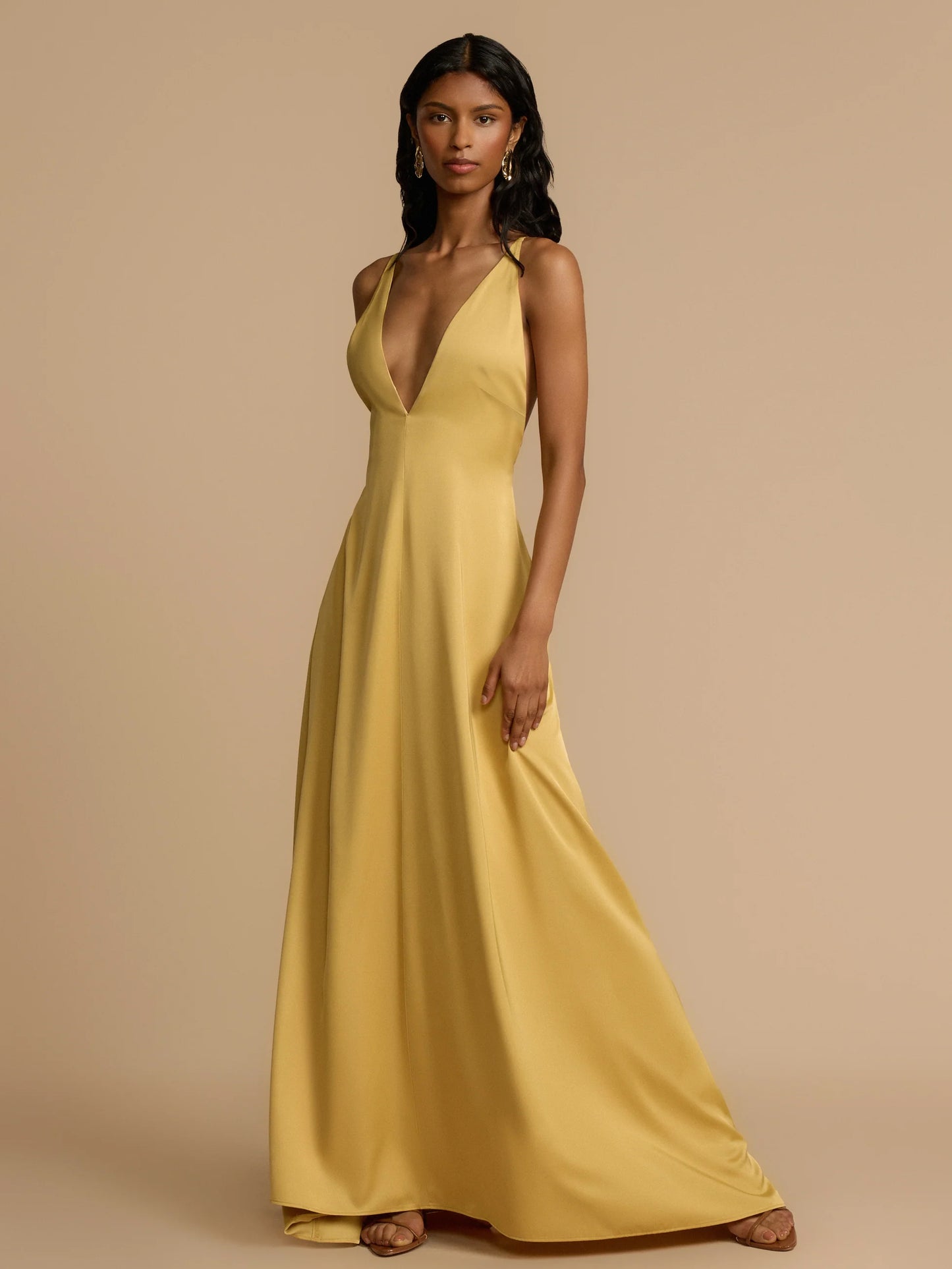 Deep V Neck Backless Satin Maxi Dress For Women - Yellow Boho Wood Beaded Evening Gown - Summer Beach Wedding Guest 2026