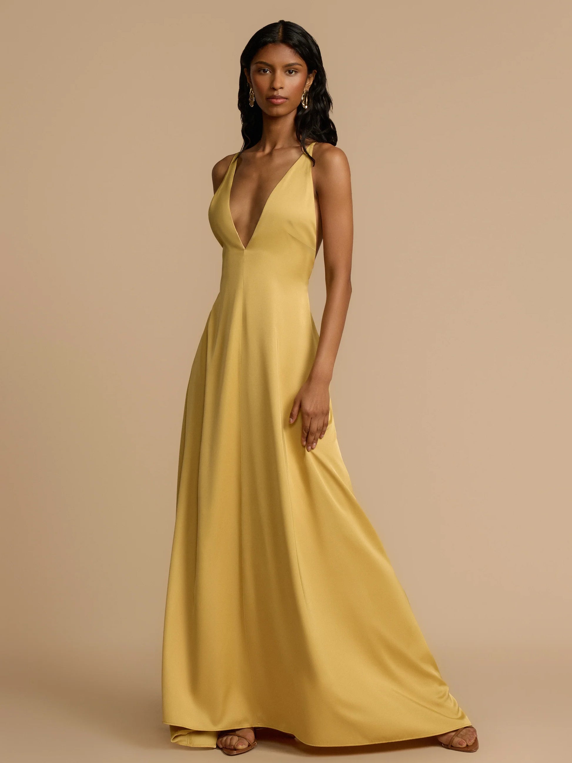 Deep V Neck Backless Satin Maxi Dress For Women - Yellow Boho Wood Beaded Evening Gown - Summer Beach Wedding Guest 2026
