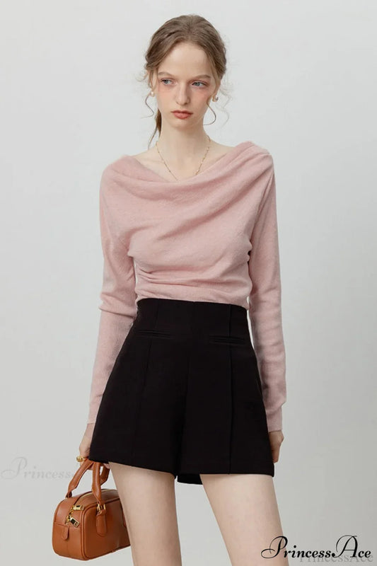 Off-Shoulder Draped Collar Waist-Cinched Knit Top