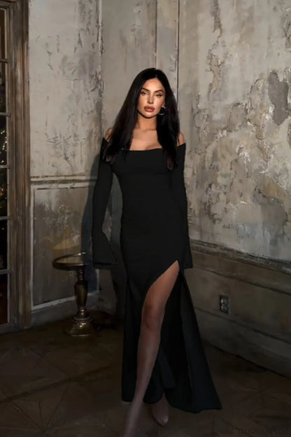 Off Shoulder Tie Fitted Elegant Maxi Dress