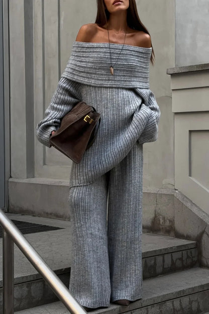 Off-the-Shoulder Ribbed Knit Wide Sleeve Flowy Pants Two Piece Set