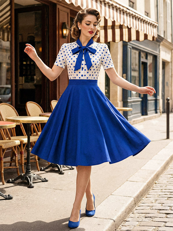 Polka Dot Patchwork Bow Tie Neck Short Sleeve Retro Swing Dress For Women 2026