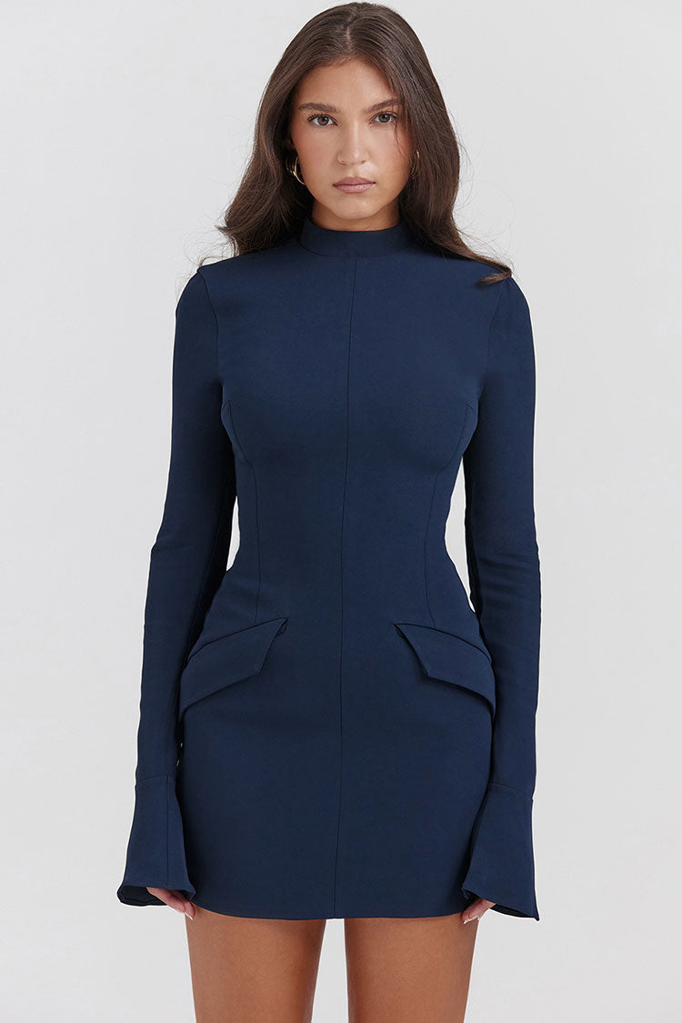 Mock Neck Bell Sleeve Flap Pocket Structured Bodycon Mini Dress