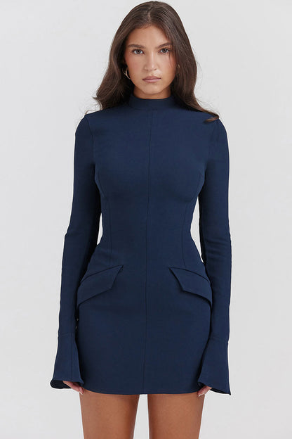 Mock Neck Bell Sleeve Flap Pocket Structured Bodycon Mini Dress