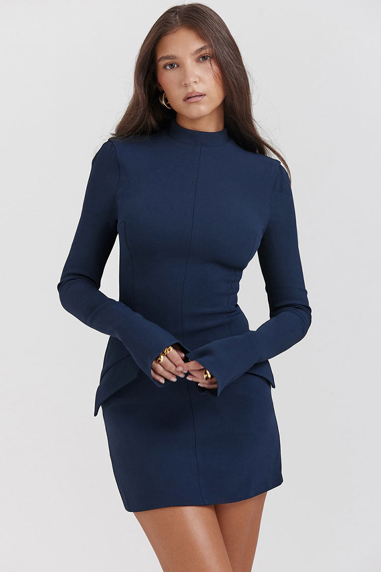 Mock Neck Bell Sleeve Flap Pocket Structured Bodycon Mini Dress