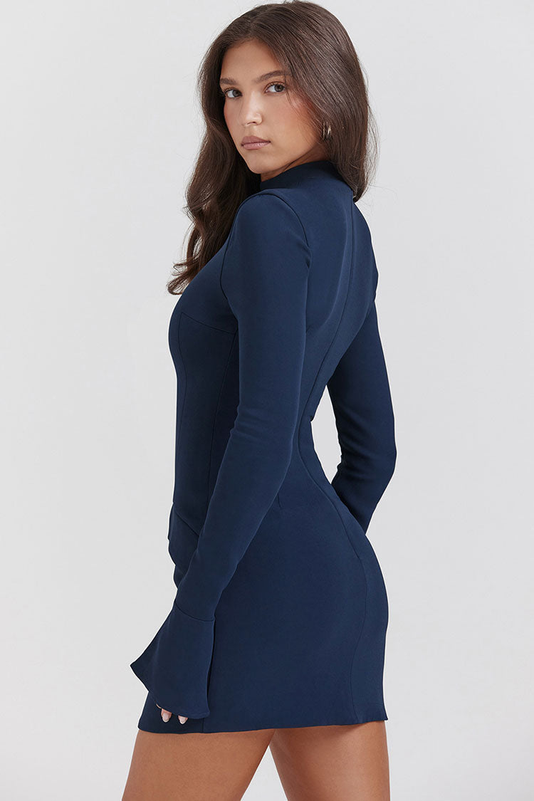 Mock Neck Bell Sleeve Flap Pocket Structured Bodycon Mini Dress