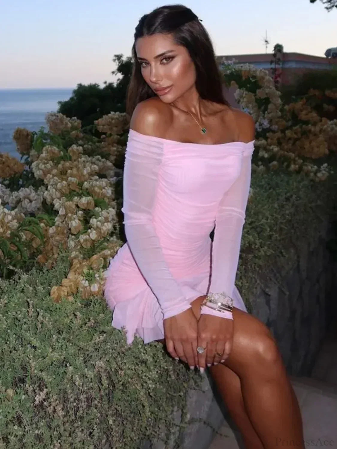 Off Shoulder Ruched Mesh Long Sleeve Flounce Hem Mini Dress