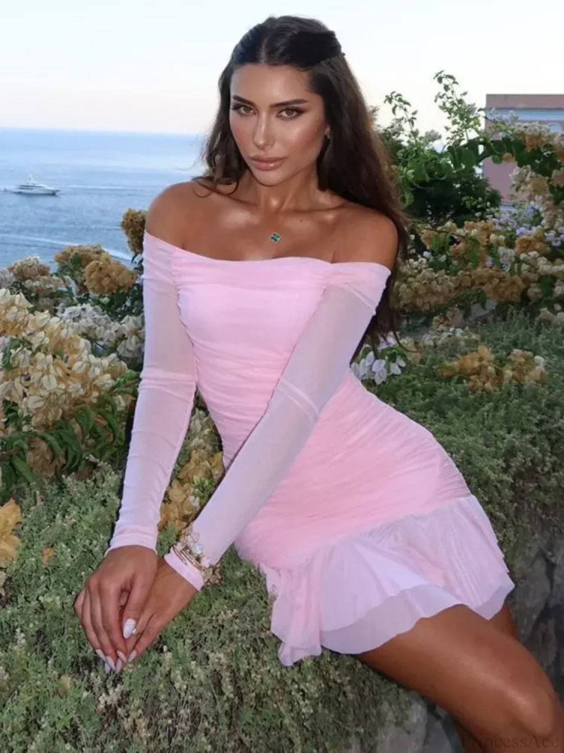 Off Shoulder Ruched Mesh Long Sleeve Flounce Hem Mini Dress