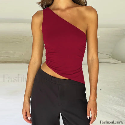 One Shoulder Solid Color Lace-Up Irregular Short Crop Top