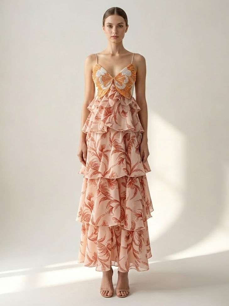 Vacation Dresses Maxi Backless Ruffles Sleeveless V-Neck Chic Orange Red Dresses