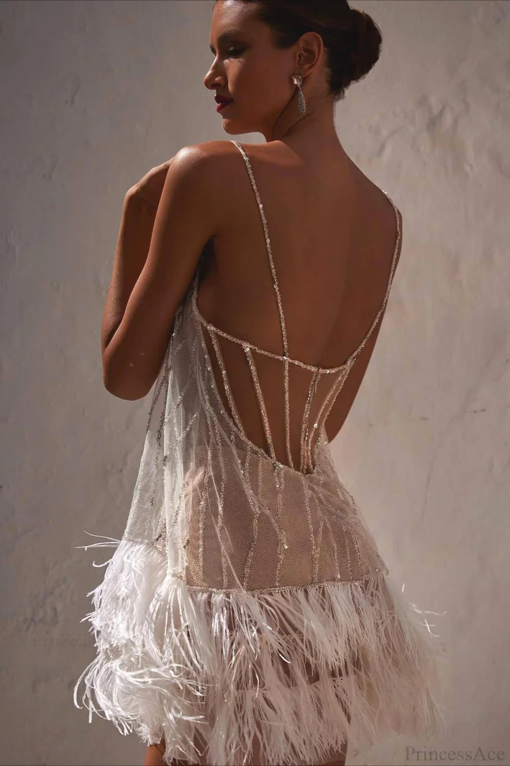 Open-Back Beaded Tiered Tassel Short Party Dress