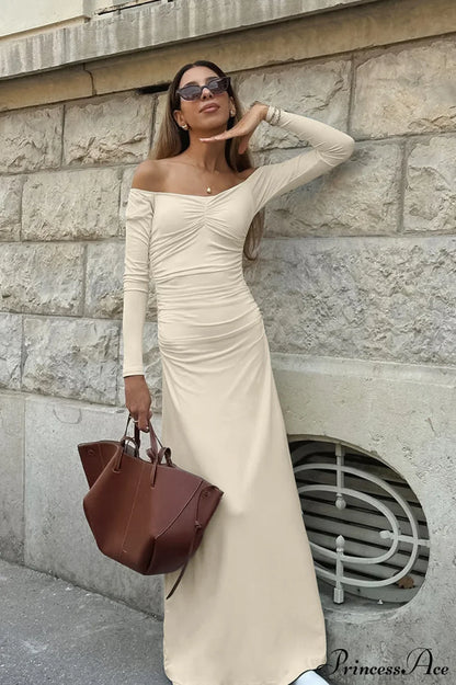 Open Back Sexy Ruched Long Sleeve Off Shoulder Maxi Dress