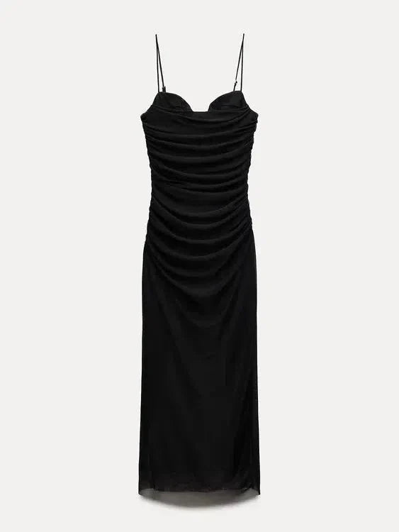 Animal/ Black Print Spaghetti Strap Ruched Dress