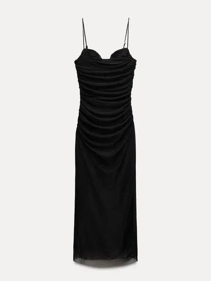 Animal/ Black Print Spaghetti Strap Ruched Dress