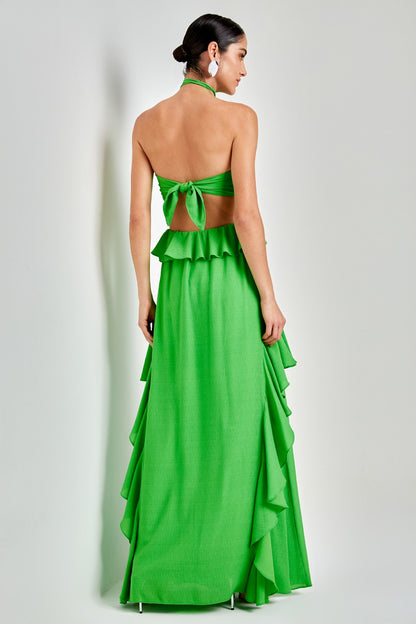 Mona Ruffled Cutout Halter Maxi Dress