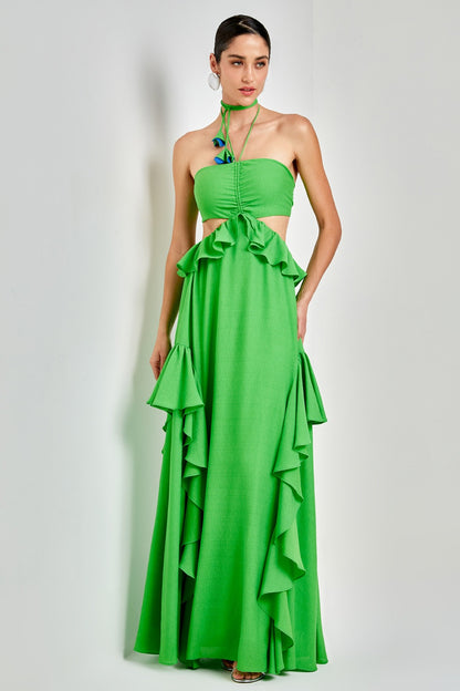 Mona Ruffled Cutout Halter Maxi Dress