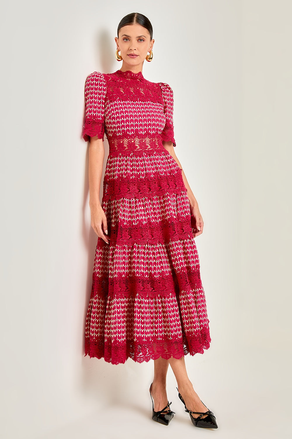 Sabrina Embroidered Lace Short Sleeve Midi Dress