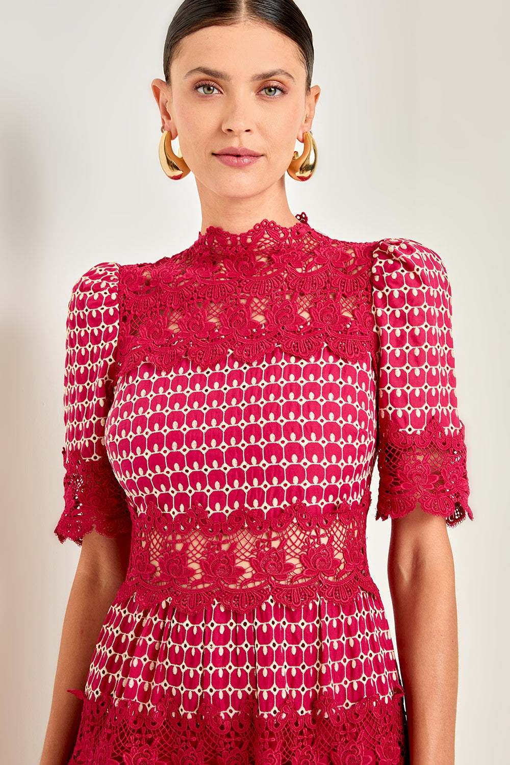 Sabrina Embroidered Lace Short Sleeve Midi Dress