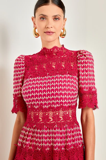 Sabrina Embroidered Lace Short Sleeve Midi Dress