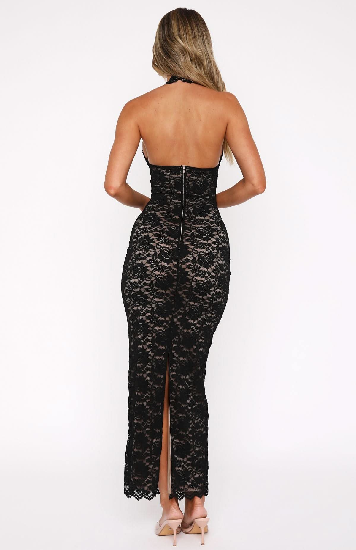 Floral Lace Halter Neck Deep V Scalloped Hem Maxi Dress