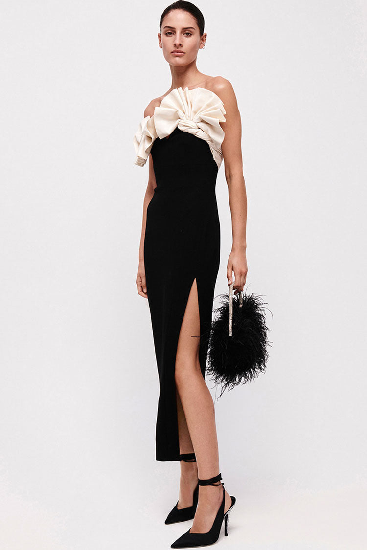 Contrast Pleated Fan Strapless Sculptural Ruffle Neck High Slit Midi Dress