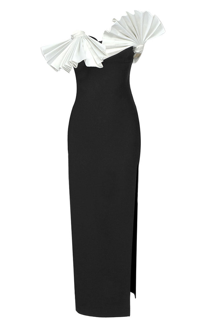 Contrast Pleated Fan Strapless Sculptural Ruffle Neck High Slit Midi Dress