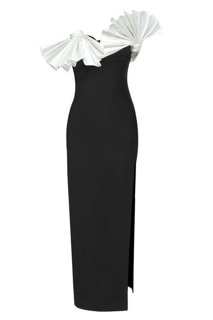 Contrast Pleated Fan Strapless Sculptural Ruffle Neck High Slit Midi Dress