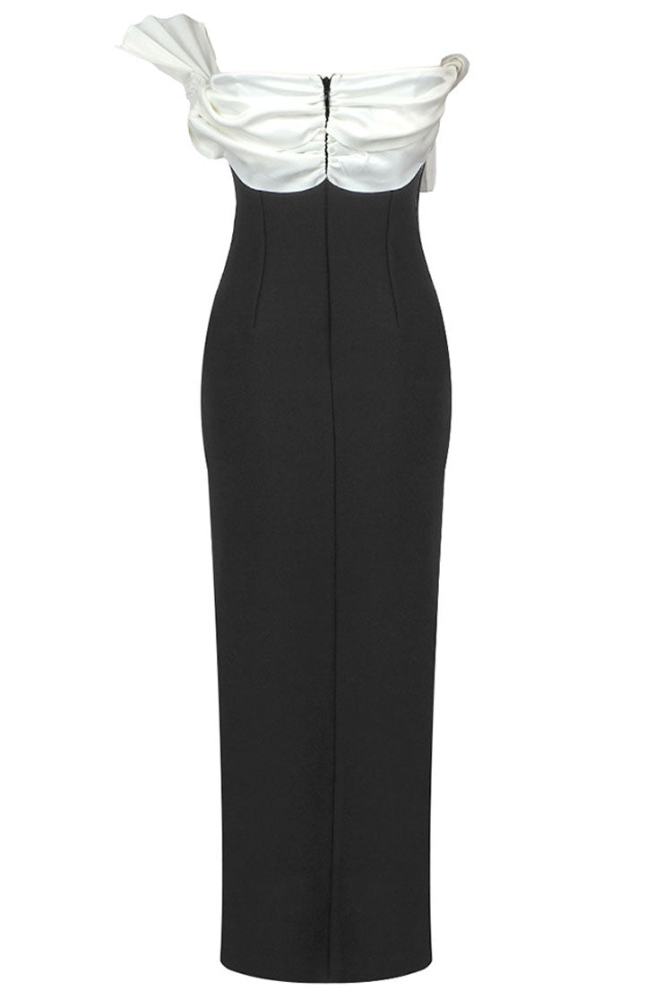 Contrast Pleated Fan Strapless Sculptural Ruffle Neck High Slit Midi Dress