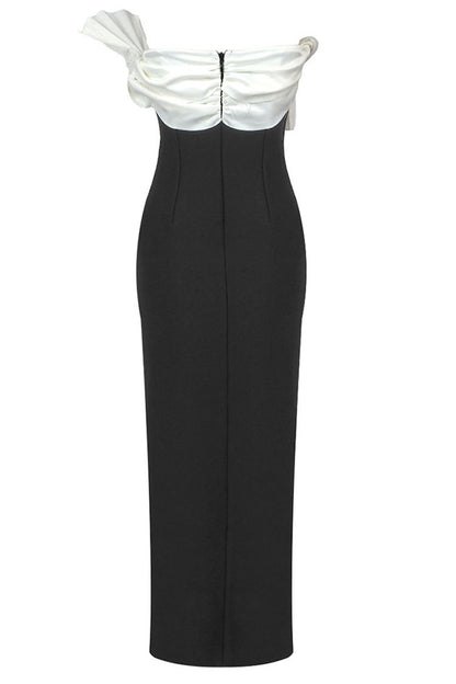 Contrast Pleated Fan Strapless Sculptural Ruffle Neck High Slit Midi Dress