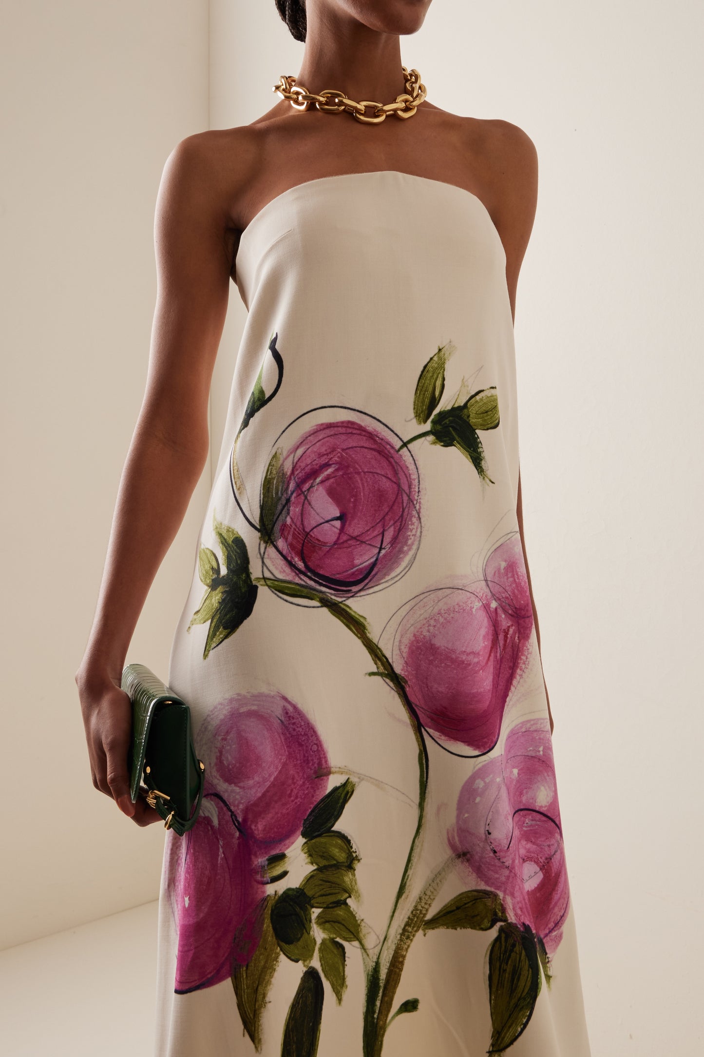 Dorothy Floral Print Strapless Satin Maxi Dress