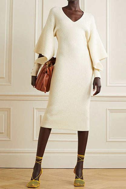Deep V-Neck Cape Sleeve Button Cuff Rib Knit Sweater Midi Dress