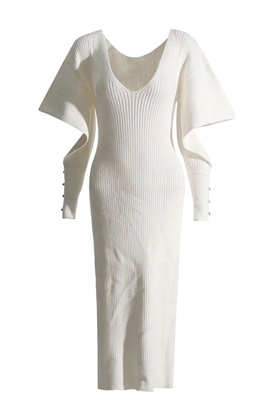 Deep V-Neck Cape Sleeve Button Cuff Rib Knit Sweater Midi Dress