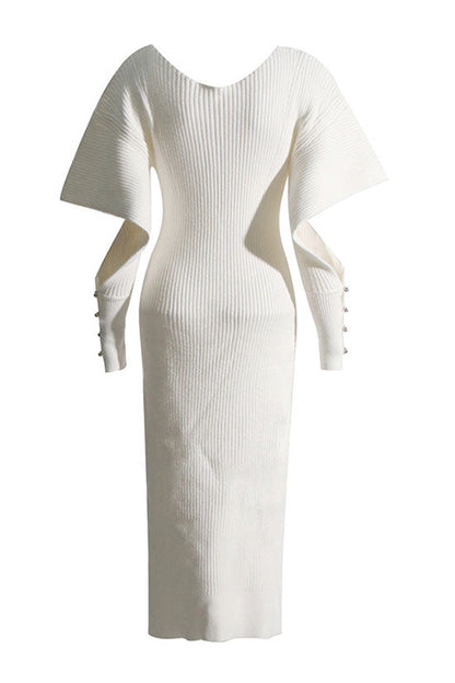 Deep V-Neck Cape Sleeve Button Cuff Rib Knit Sweater Midi Dress