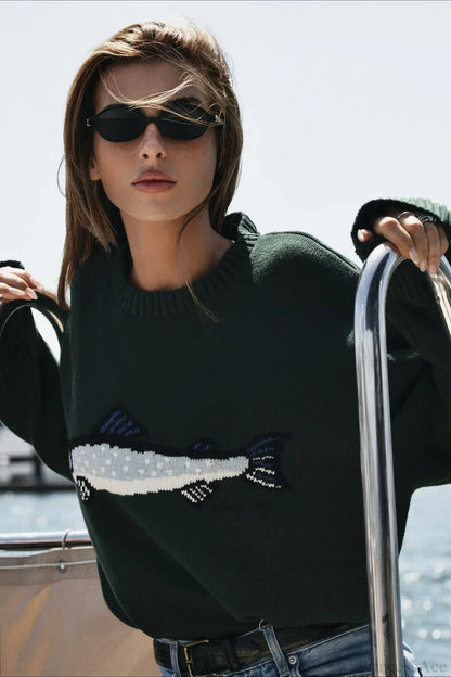 Oversized Fish Print Pullover Sweatshirt