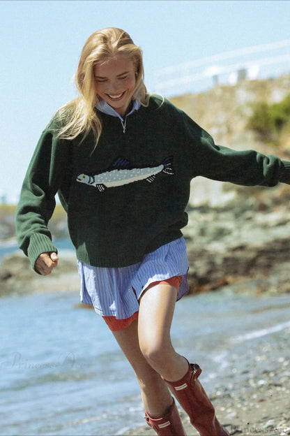 Oversized Fish Print Pullover Sweatshirt