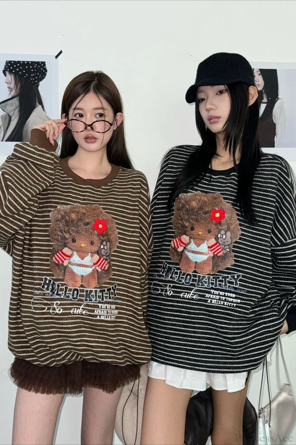 Oversized Striped Exploding Afro Hello Kitty Print Sweatshirt