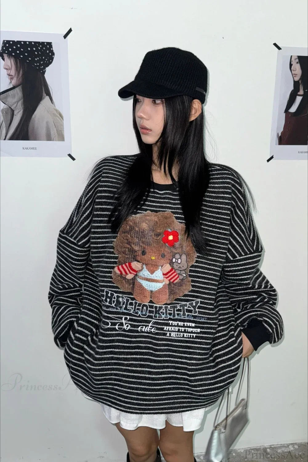 Oversized Striped Exploding Afro Hello Kitty Print Sweatshirt