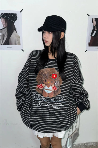 Oversized Striped Exploding Afro Hello Kitty Print Sweatshirt