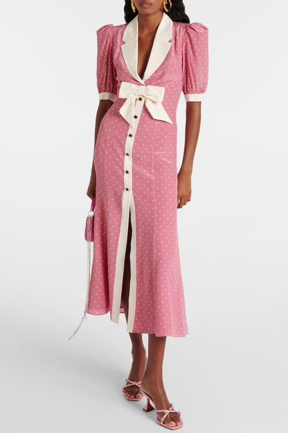 Rita Floral Bow Trimmed Puff Sleeve V-Neckline Midi Dress