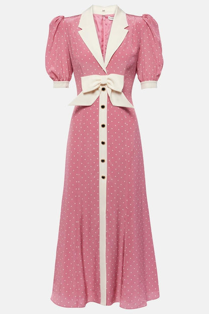 Rita Floral Bow Trimmed Puff Sleeve V-Neckline Midi Dress