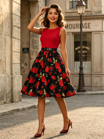 Vintage Dresses 1950s Swing Floral Swing Dress Sleeveless A-Line Tea Party Midi Dress