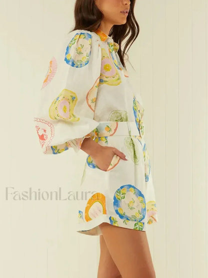 Patchwork Belt Lantern Shorts Two Piece Set