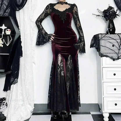 Patchwork Velvet Long Sleeve Midi Dress