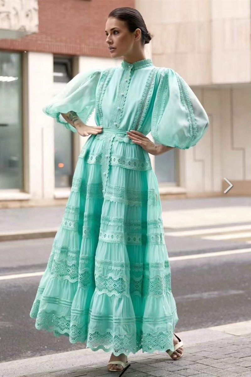 Paula Embroidered Lace Puff Sleeve Maxi Dress