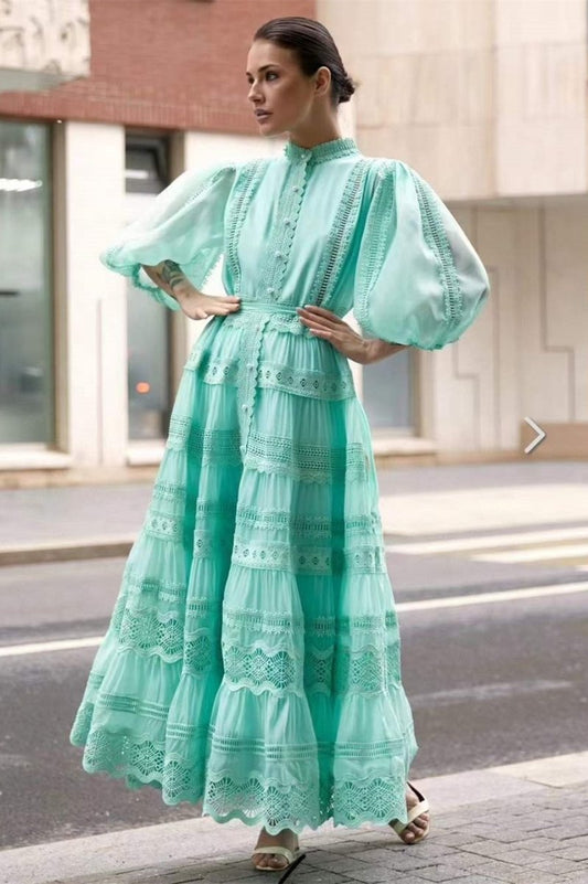 Paula Embroidered Lace Puff Sleeve Maxi Dress