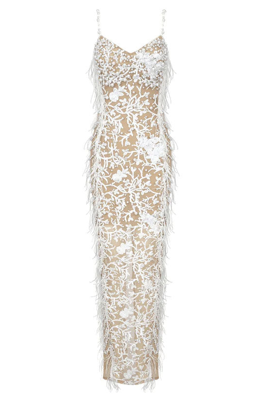 Feather Trim Floral Lace Sequin Mesh Sweetheart Spaghetti Strap Side Slit Maxi Gown